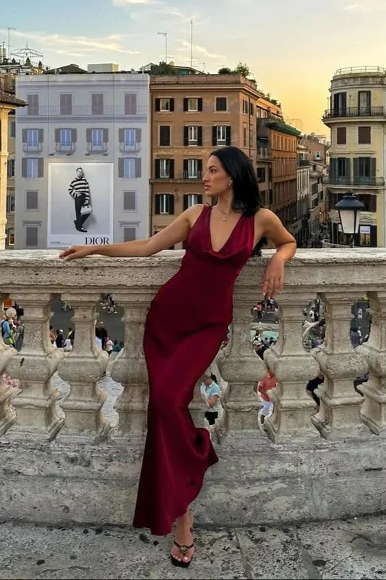 Burgundy V Neck Halter Backless Mermaid Satin Long Party Dress Sexy Formal Dress