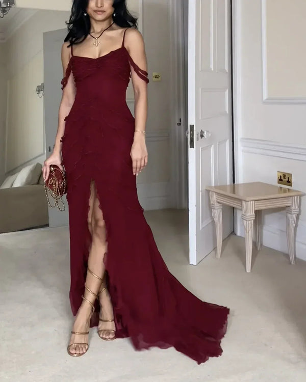 Wine Red Off Shoulder Straps Multi-layered Ruffles Long Prom Dress Sexy Evening Dress Party Dress