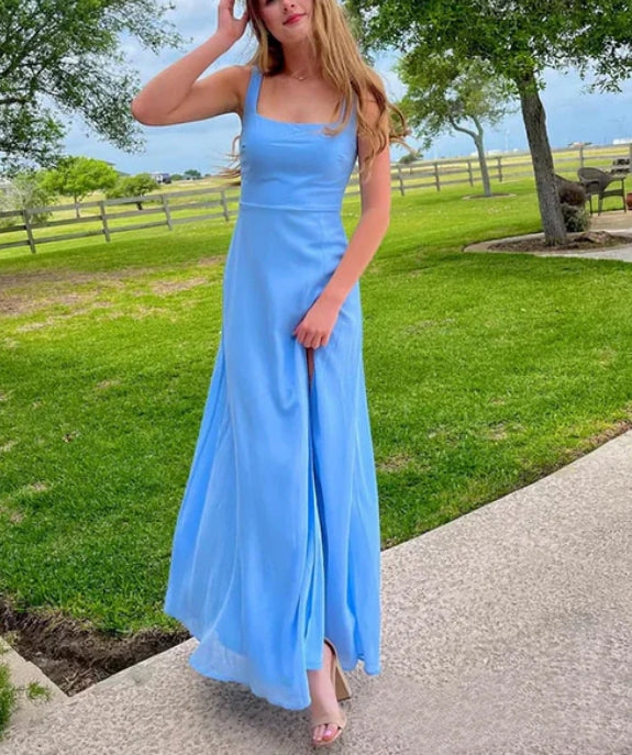 Blue Straps Long Summer Party Dress Wedding Guest Dress Simple Formal Dress