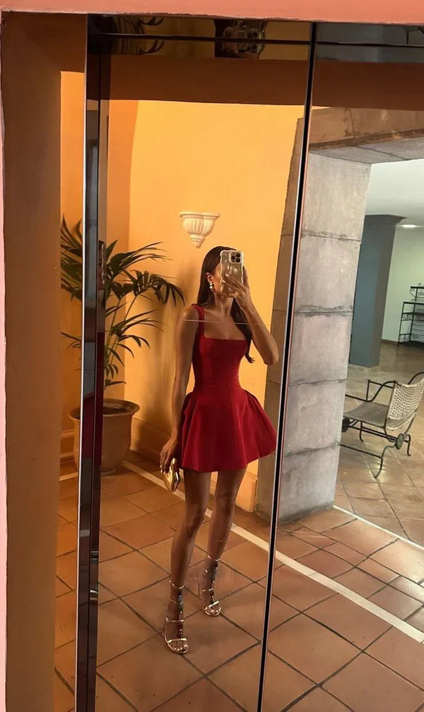 Wine red square neck mini dress sexy high waisted party dress Homecoming Dress