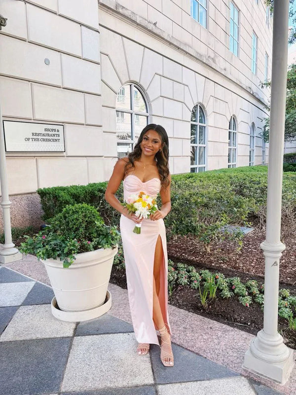 Pink Sweetheart Sheath Long Pary Dress Wedding Guest Dress with Slit Sexy Formal Dress