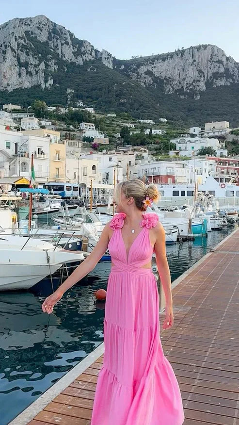Dress A Line V Neck Open Back Pink Floral Long Prom Dress Formal Graduation Evening Party Dress