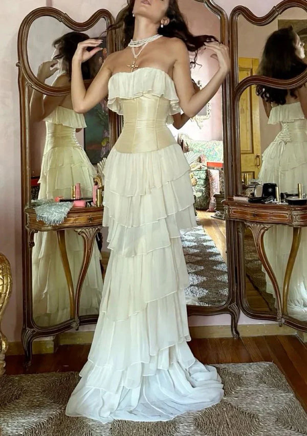Strapless Chiffon Tiered Sheath Gorgeous Evening Dress Off Shoulder Charming Prom Dress