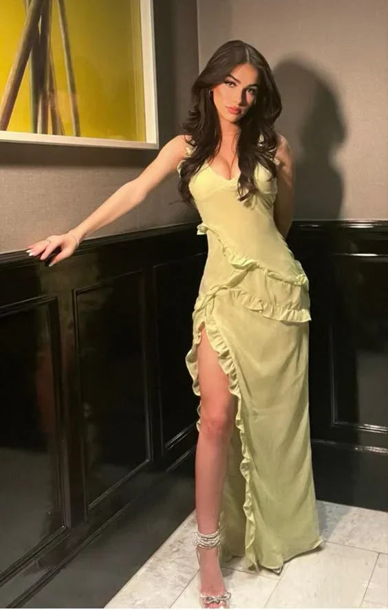 Light Green Sheath Ruffles Long Party Dress Wedding Guest Dress Sexy Formal Dress