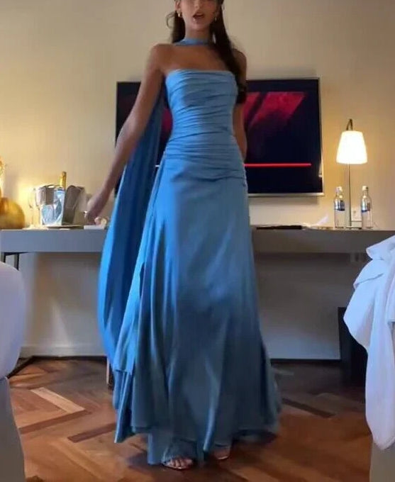 Elegant Strapless A-Line Blue Simple Long Party Dress Elegant Evening Dress wedding guest dress