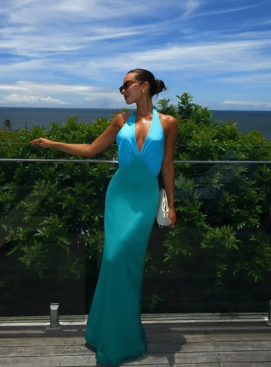 Elegant Mermaid V Neck Open Back Satin Long Prom Dress Evening Dress Party Dress