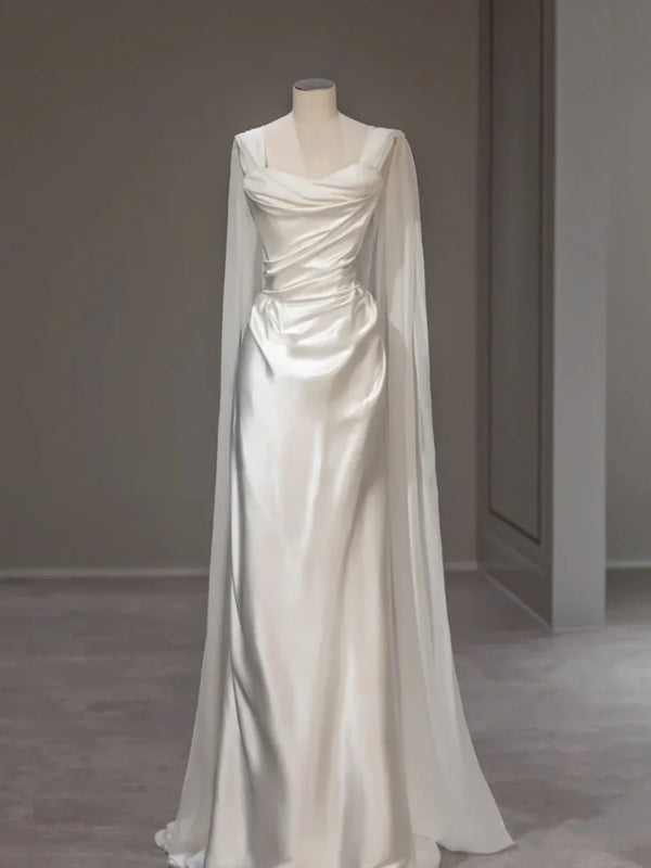 Satin Pleats Straps Wedding Dress Elegant Party Dress Floor Length Evening Dress