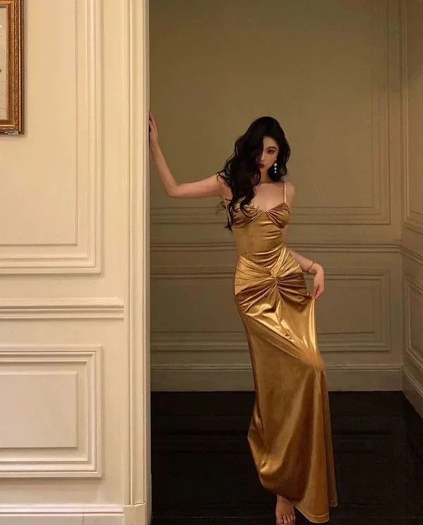 French Gold Velvet Slip Mermaid Prom Dress Long Evening Dress Charming Party Dress