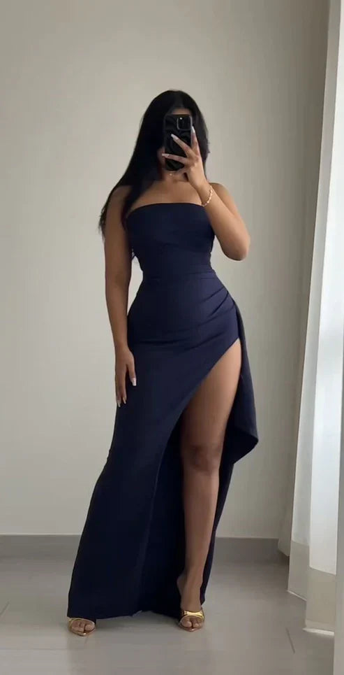 Dark Navy Strapless Sheath Long Party Dress with Slit wedding guest dress Formal Dress