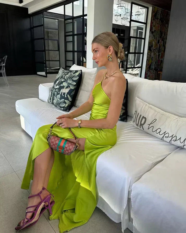 Green Satin Simple Long Party Dress with Slit Solid Color Elegant Evening Dress wedding guest dress