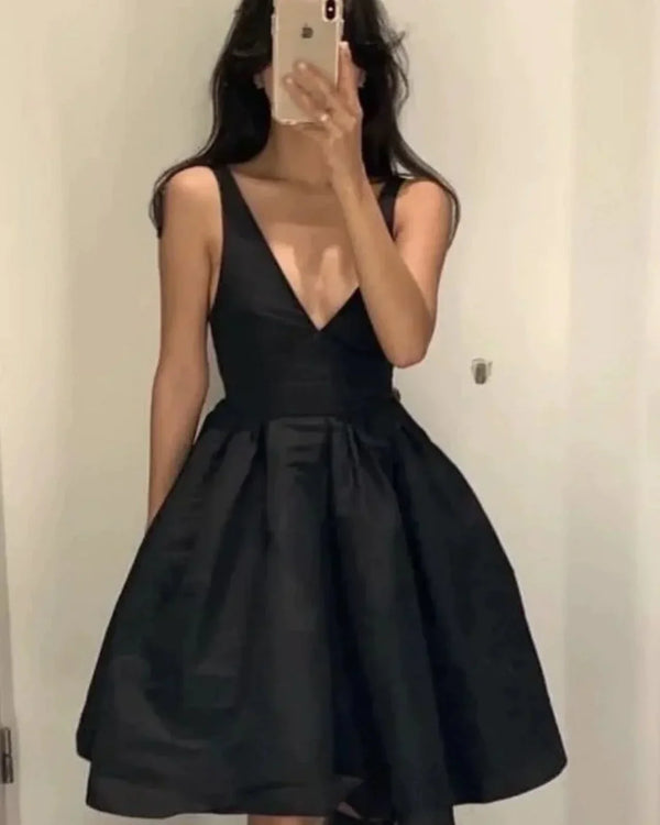 Black V Neck Backless A-Line Homecoming Dress Sexy Party Dress Solid Color Formal Dress