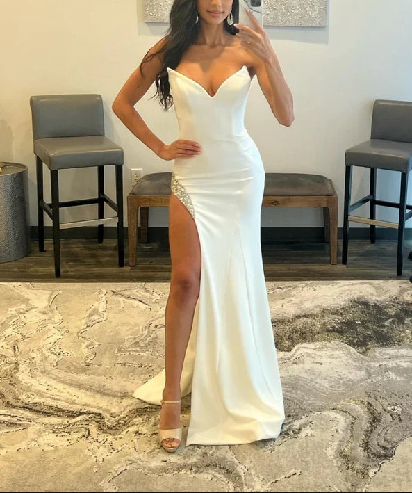 White Strapless V Neck Long Prom Dress With High Slit One Shoulder Sexy Evening Dress