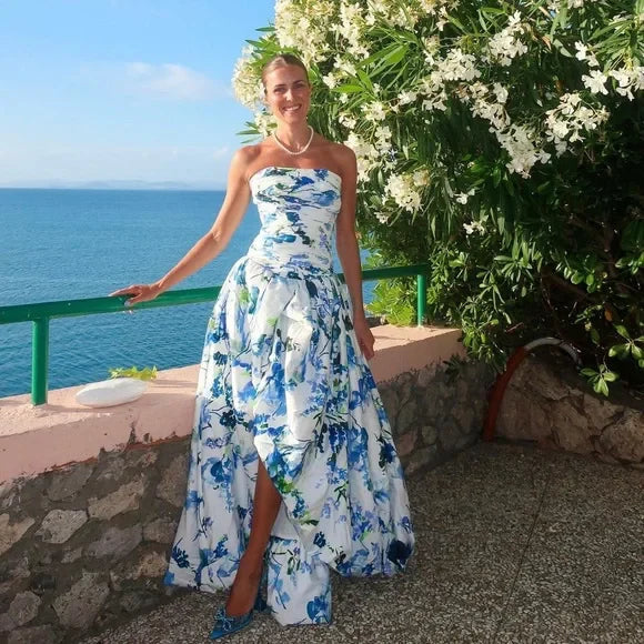 Blue Printed A-Line Strapless Long Prom Dress Off Shoulder Evening Dress Formal Dress