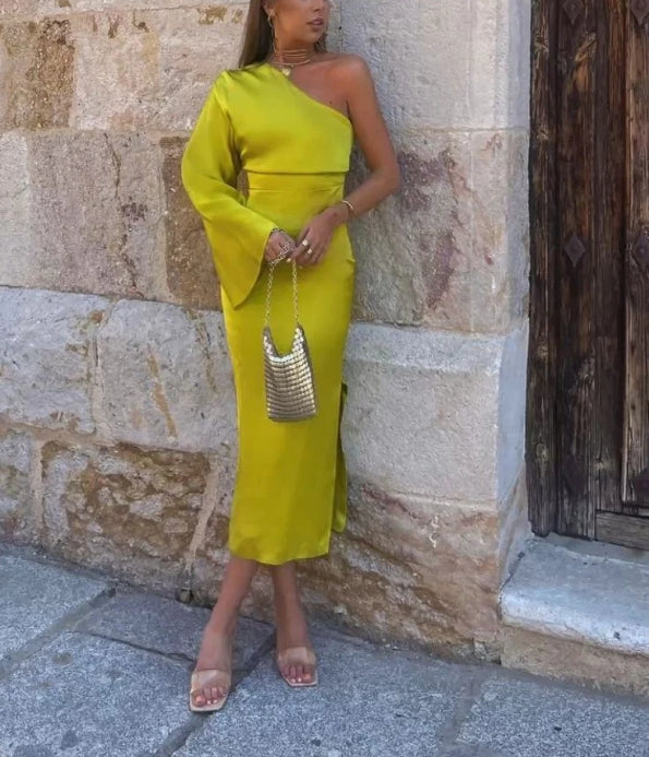 Yellow Green One Shoulder Party Dress with Slit Elegant Evening Dress Formal Dress