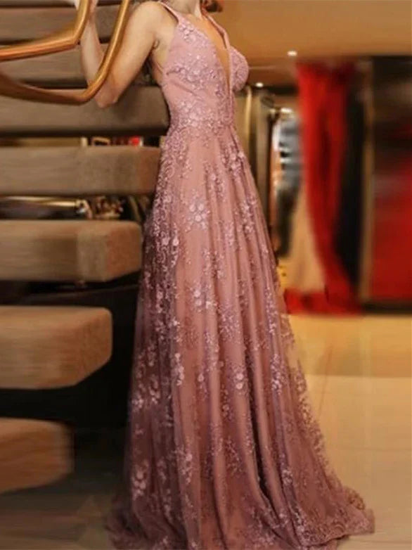 Glamorous Lace Prom Dresses A-line Backless Appliqued Gowns Sexy Evening Dress
