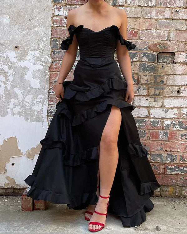 Black Off Shoulder A-Line Ruffle Long Prom Dress with Slit Elegant Evening Dress Party Dress