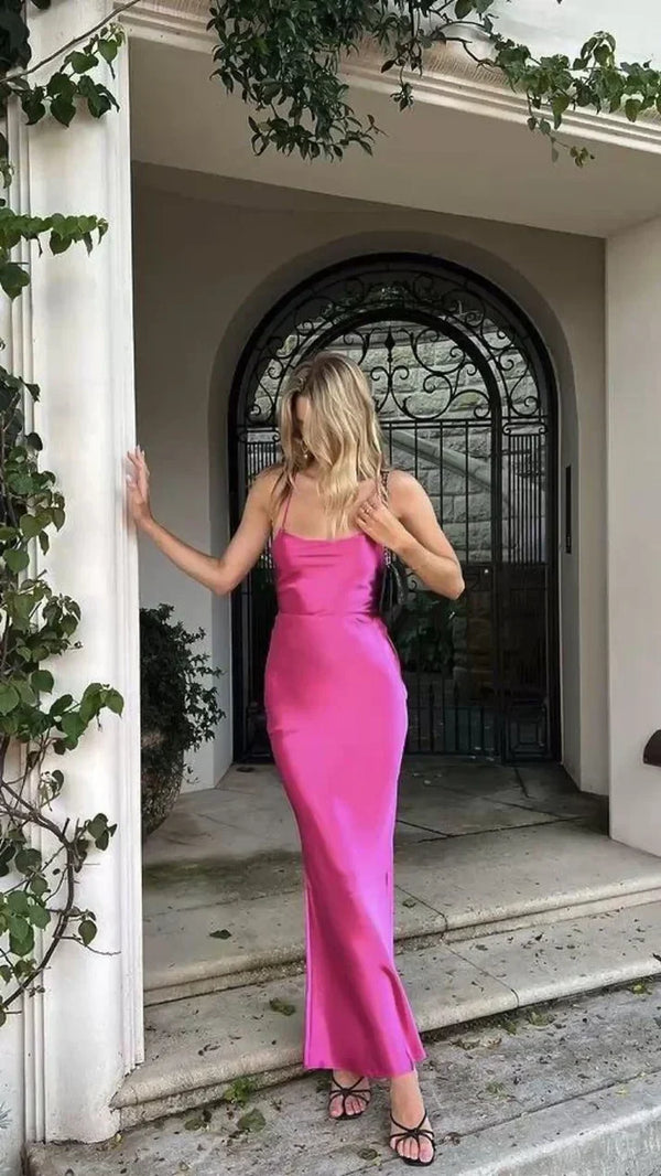 Fuchsia Spaghetti Straps Sheath Long Party Dress Wedding Guest Dress Simple Formal Dress