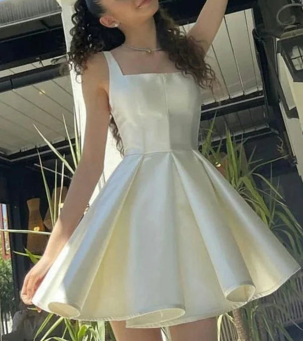 White Straps A-Line Satin Homecoming Dress Birthday Dress Party Dress Formal Dress