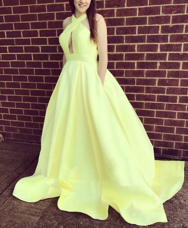 Alluring Satin Halter Neckline Sweep Train A-line Prom Dress Elegant Evening Dress