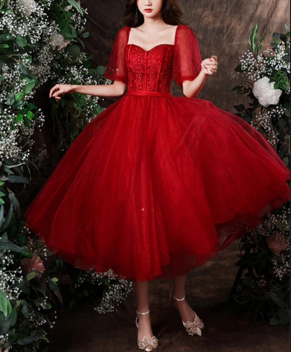 Cute Wine Red Tulle with Lace Tea Length Formal Dress Evening Dresses Prom Dress