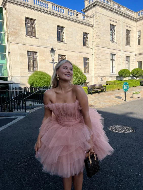 Dusty Pink Tulle Strapless Sweet Homecoming Dress Birthday Party Dress Charming