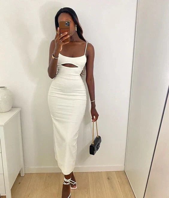 White Spaghetti Straps Cut Out Prom Dress Party Dress Formal Dress Solid Color