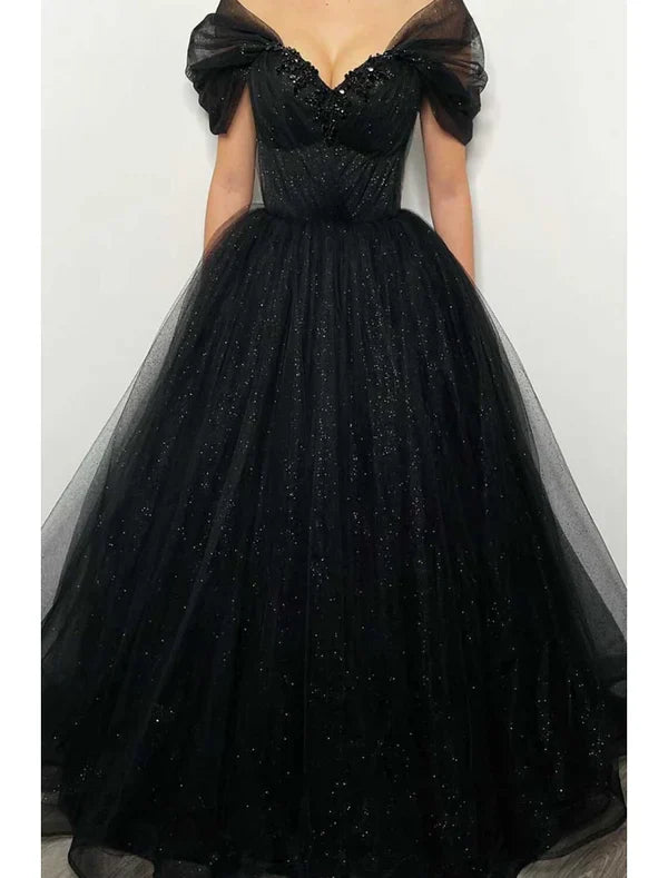 A-Line Prom Dresses Elegant Dress Formal Floor Length Black Dress Short Sleeve Off Shoulder Tulle with Pleats Beading Sequin Evening Dress