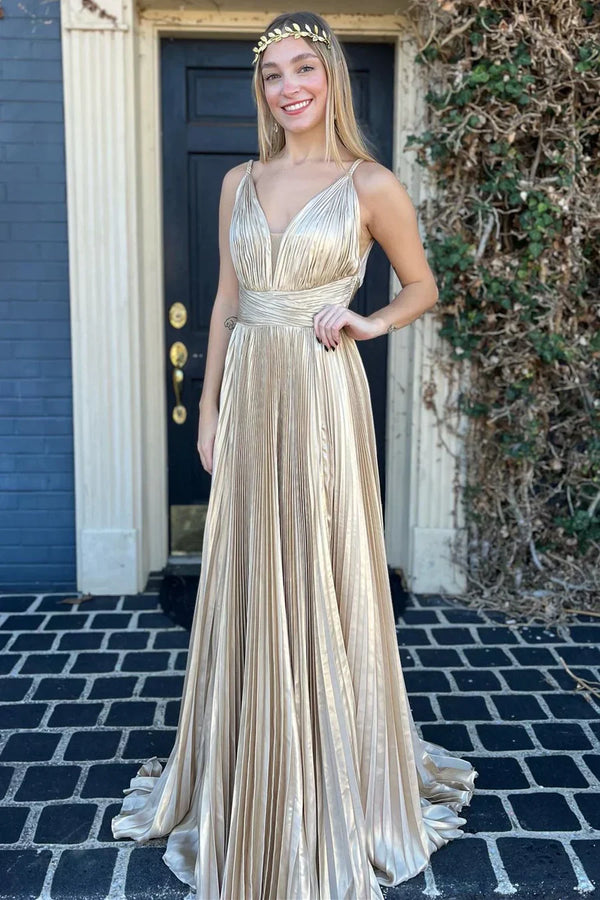Champagne V Neck Spaghetti Straps A-Line Formal Party Dress Charming Evening Dress