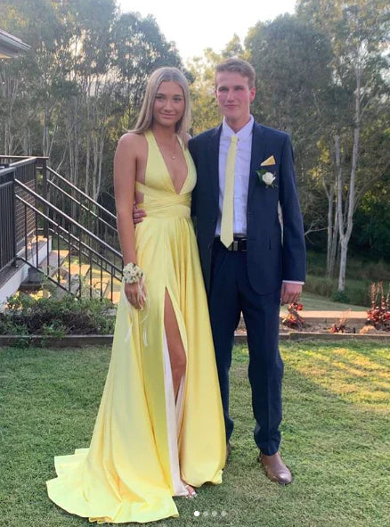 Yellow Deep V Neck A-Line Backless Formal Party Dress with Slit Formal Dress Sexy Evening Dress