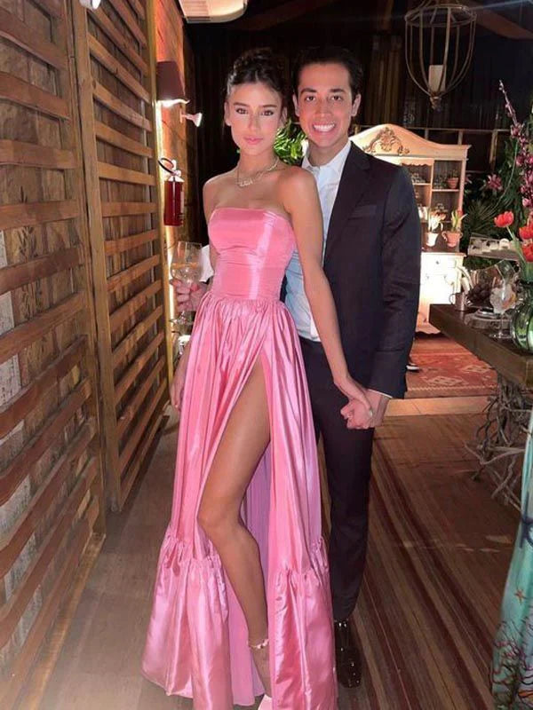 Pink A-line Strapless Side Slit Long Party Prom Dresses Charming Evening Dress
