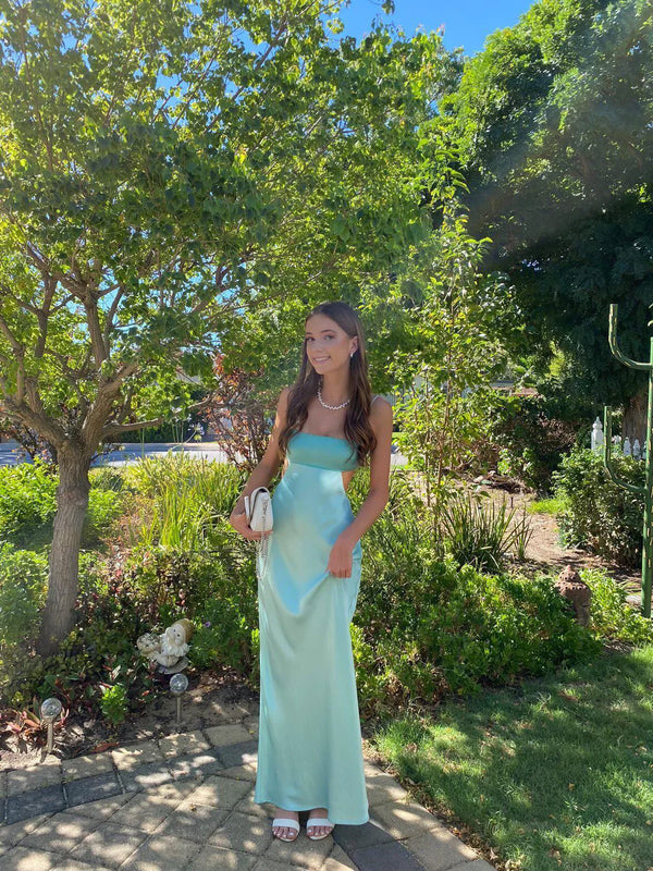 Cute Blue Spaghetti Straps Backless Long Prom Dress Wedding Guest Dress Charming Evening Party Dress