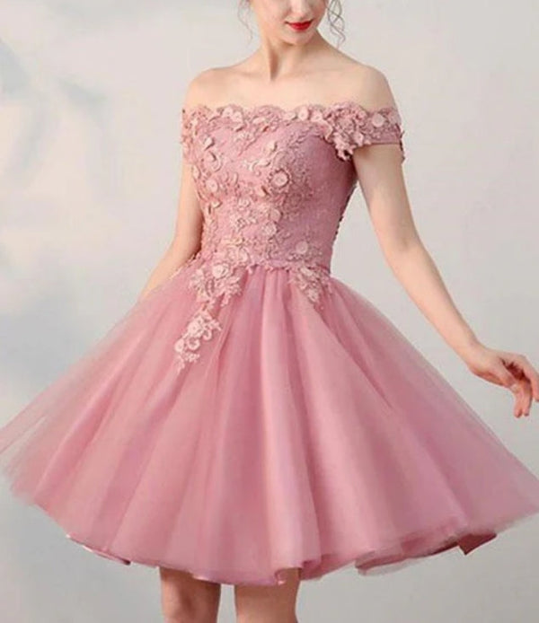 Pink Off Shoulder Lace Homecoming Dress Short Party Dress with Appliques Beautiful