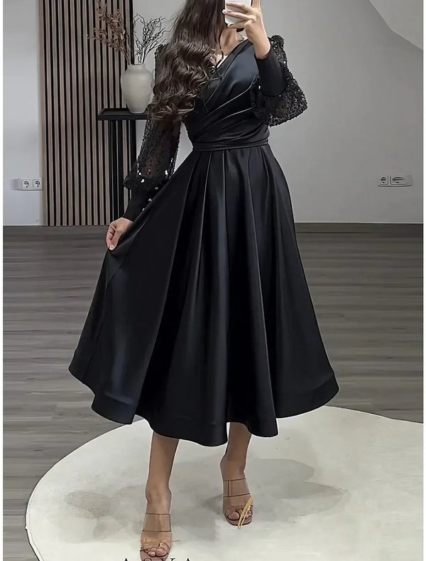 A-Line Evening Gown Elegant Dress Formal Tea Length Long Sleeve V Neck Satin with Glitter Pleats Ruched Sparkly