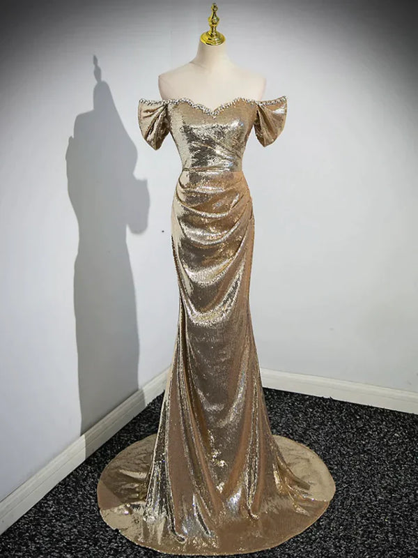 Gold Sequins Off Shoulder Mermaid Long Prom Dress Evening Party Dress Sparkly