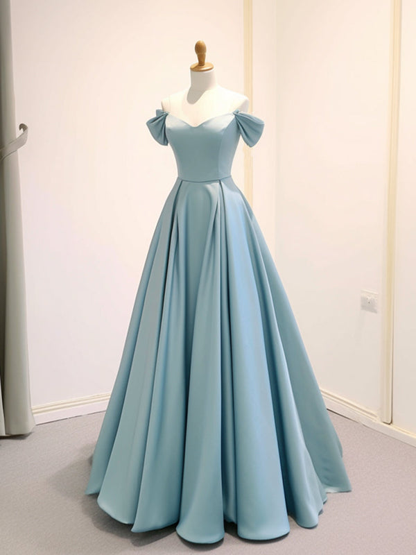 A-Line Off Shoulder Satin Blue Long Prom Dress Formal Dress Elegant Evening Dress december wedding guest dress