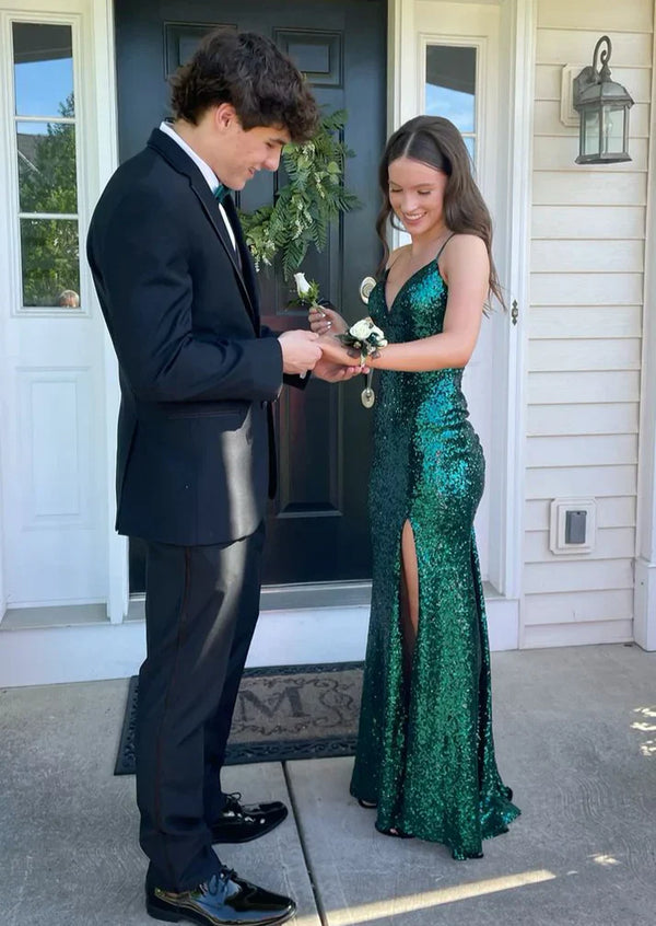 Emerald Green Backless Sequined Long Prom Dress with Slit Sparkly Evening Dress