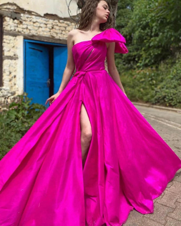 SSR1169,Fuchsia One Shoulder Hot Pink A-Line Satin Long Evening Prom Dresses
