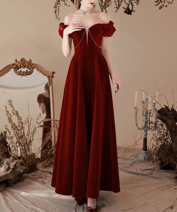 A-Line Off Shoulder Velvet Burgundy Long Prom Dress Evening Dress december wedding guest dress