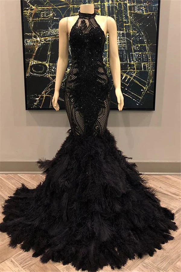 Lace Appliques Halter Feather Prom Dresses | Sleeveless Sexy Mermaid Evening Gowns,SSR1144