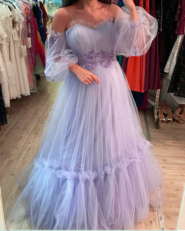 SSR1517,Lavender Puffy Long Prom Dresses,Tulle A-Line Evening Dresses
