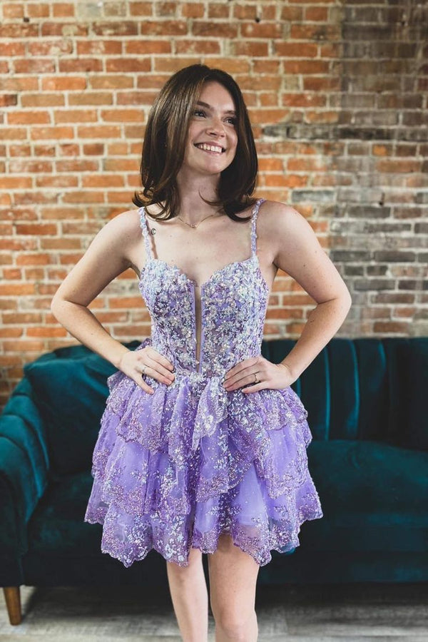 Lavender Floral Lace Homecoming Dresses Ruffle Mini Party Dresses,SSR1015