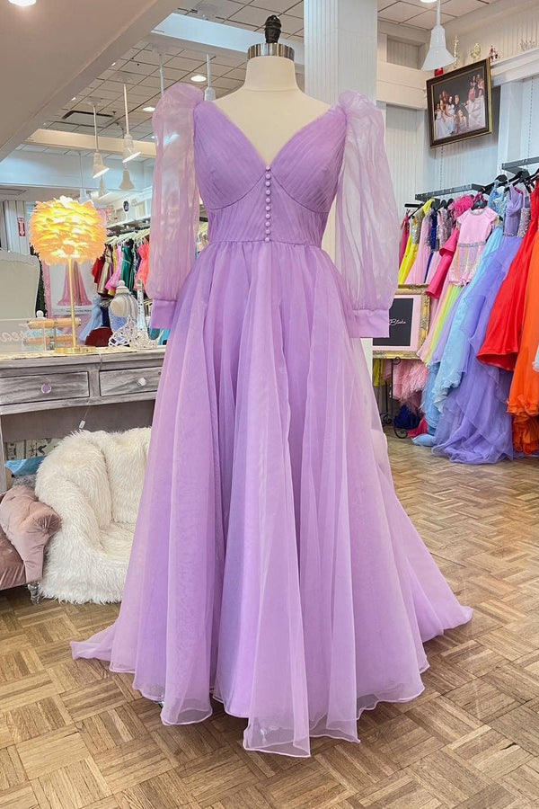 Lilac Long Sleeves Corset Tulle Long Formal Gown