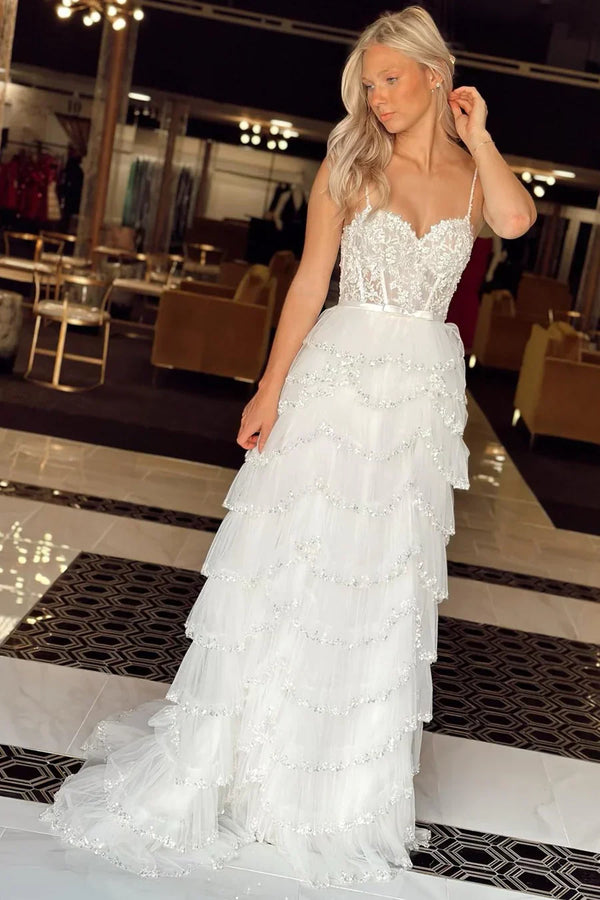 White Layers Tired Prom Dress, Spaghetti Straps Lace Evening Dress