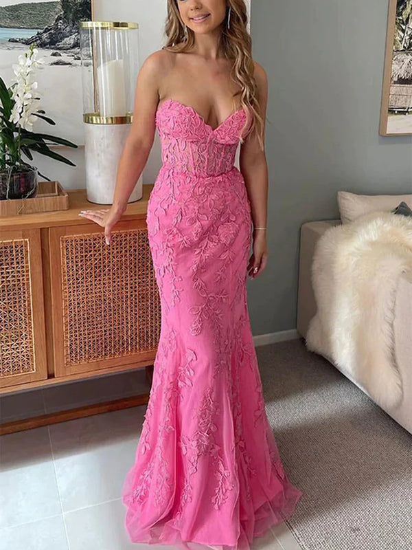 SSR1378,Sweetheart hot pink lace mermaid prom evening dresses