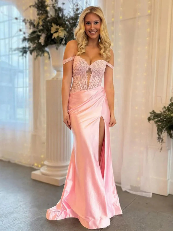 Mermaid Sweetheart Pink Satin Long Prom Dresses With Split