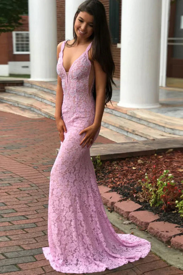 SSR1382,Pink Bodycon Mermaid Lace Prom Evening Dresses Long