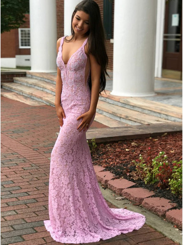 SSR0779,Pink lace mermaid prom dresses v-neck evening formal gown