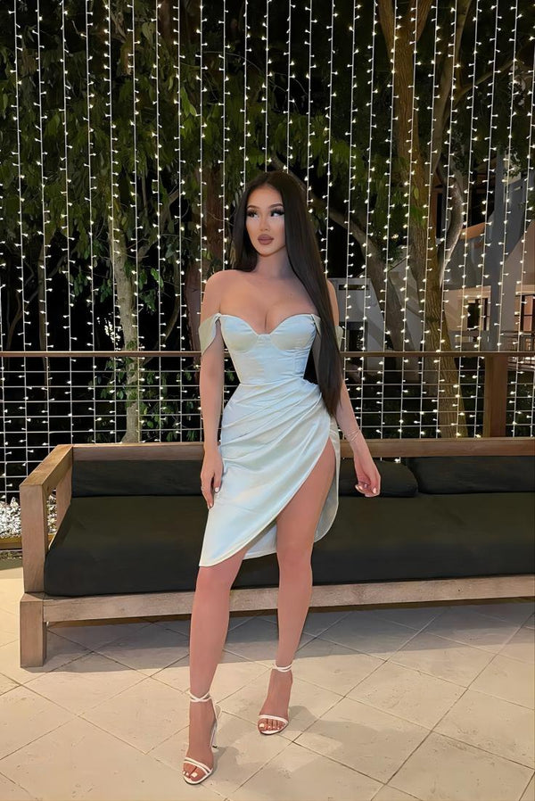 Mint Green Off The Shoulder Side Slit Short Homecoming Dress