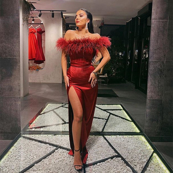 SSR1330,Burgundy off the shoulder feather long prom formal gown split evening prom dresses