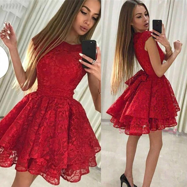 SSR0493,Cute Red Homecoming Dresses Lace Graduation Dress